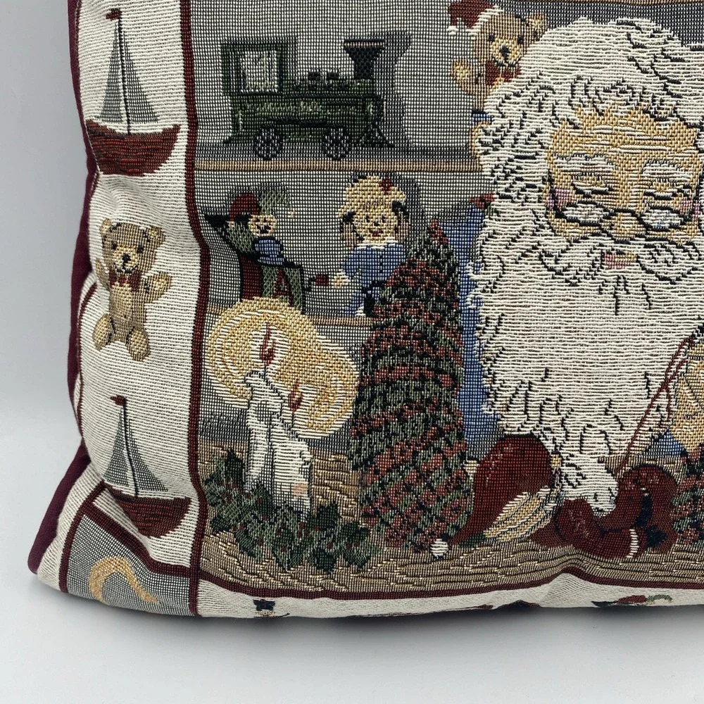 Christmas Tapestry Throw Pillow‎ Santa's Workshop Toys Blocks Bear Sewing 16x16